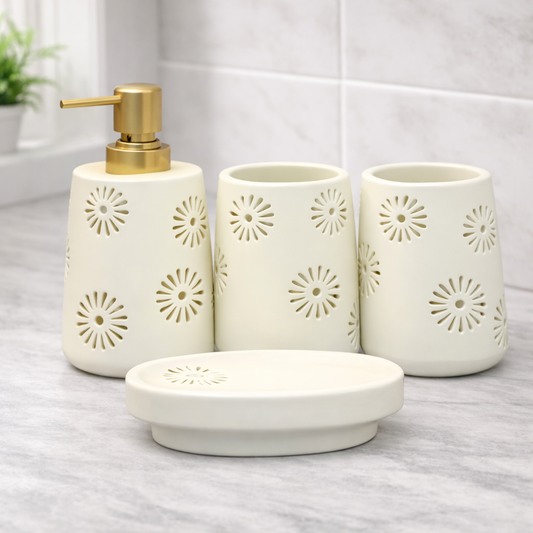 4-Piece Bathroom Accessories Set – Apple White Pattern Soap Dispenser, Toothbrush Holder & Soap Dish - Habitt