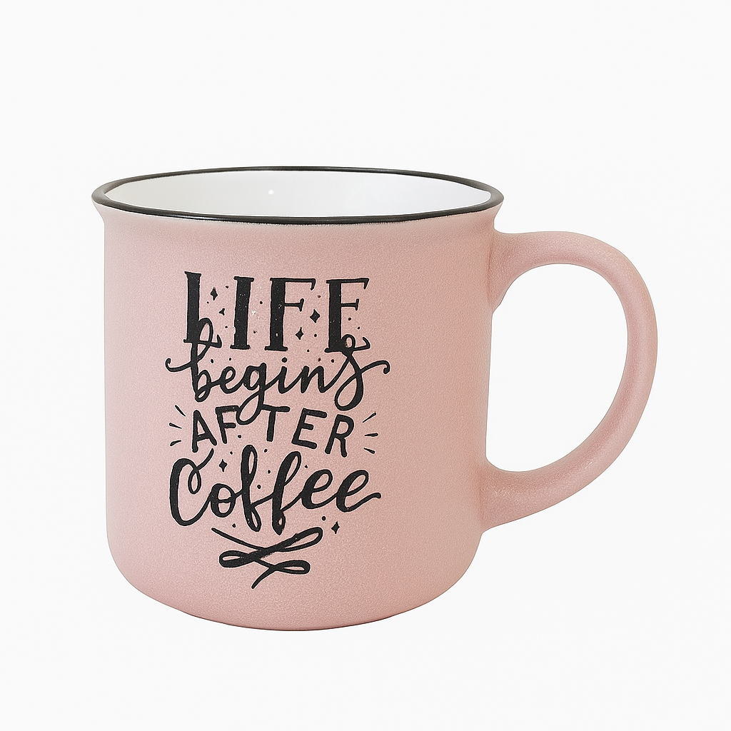 “Life Begins After Coffee” Pink Ceramic Mug – Motivational Coffee Cup for Daily Inspiration