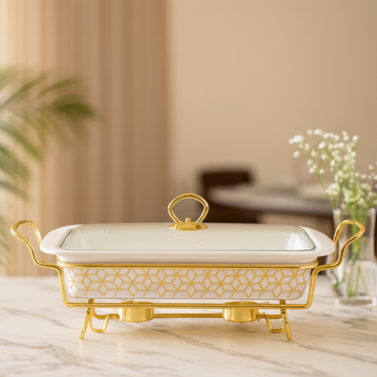 Elegant 11" Ceramic Casserole With Gold Metal Stand – Premium Serving & Warming Dish