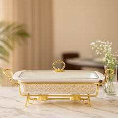Elegant 11" Ceramic Casserole With Gold Metal Stand – Premium Serving & Warming Dish
