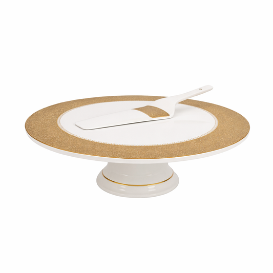 Elegant White & Gold Cake Stand Set with Server – Classic Pedestal Dessert Plate