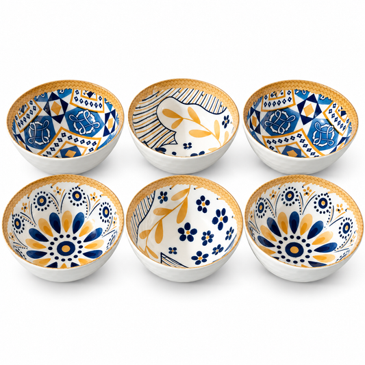 6 Pcs  Blue & Mustard Patterned Ceramic Bowl Set