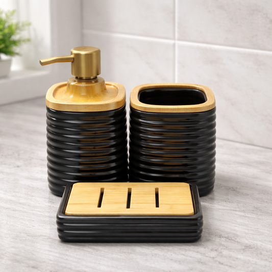 3-Piece Square Bathroom Accessories Set – Beige, Black & White Color Soap Dispenser, Toothbrush Holder & Soap Dish - Habitt