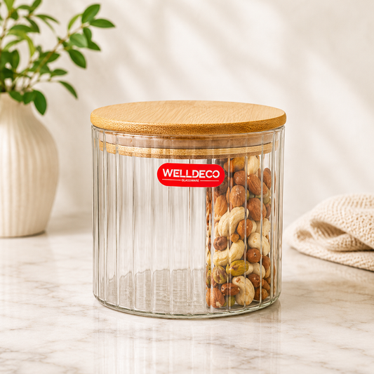 Transparent Ribbed Storage Jar with Wooden Lid, Round Shape, Clear, Small - Habitt
