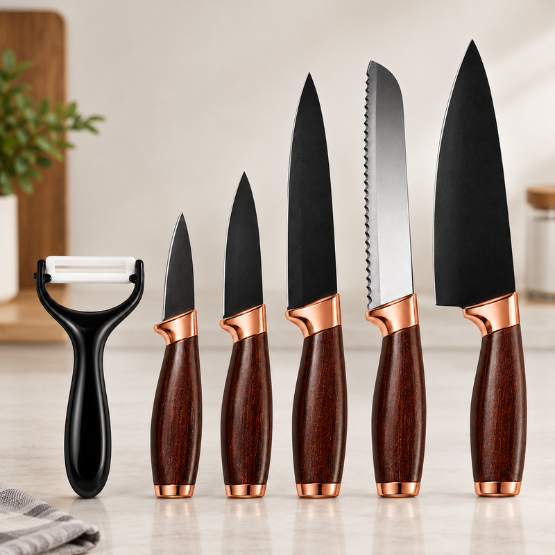 Premium 6-Piece Kitchen Knife Set with Peeler – Black & Rose Gold | Gift Box