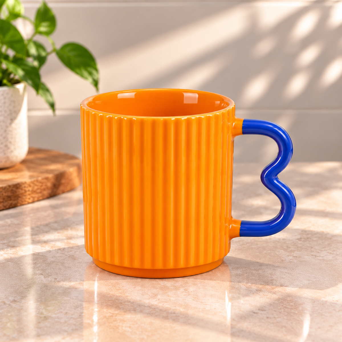 Colourful Ribbed Ceramic Coffee Mug with Creative Handle – Modern Tea & Coffee Cup