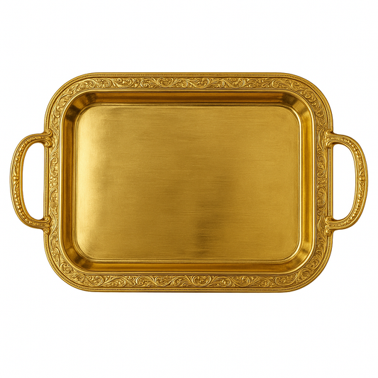 Ornate Gold Metal Tray Set of 3 – Rectangular Decorative Serving Trays with Handles