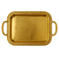 Ornate Gold Metal Tray Set of 3 – Rectangular Decorative Serving Trays with Handles