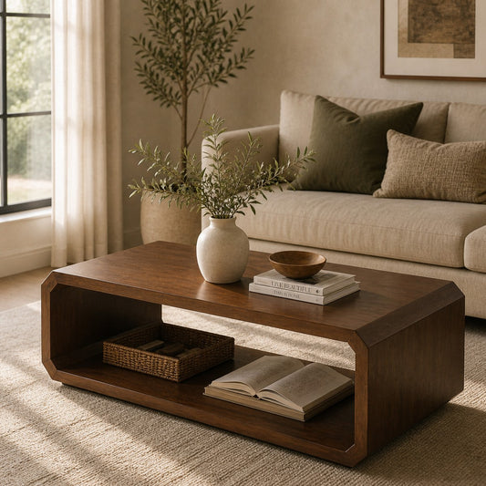 Aurra Wooden Coffee Table | Modern Center Table with Open Storage Shelf - Habitt