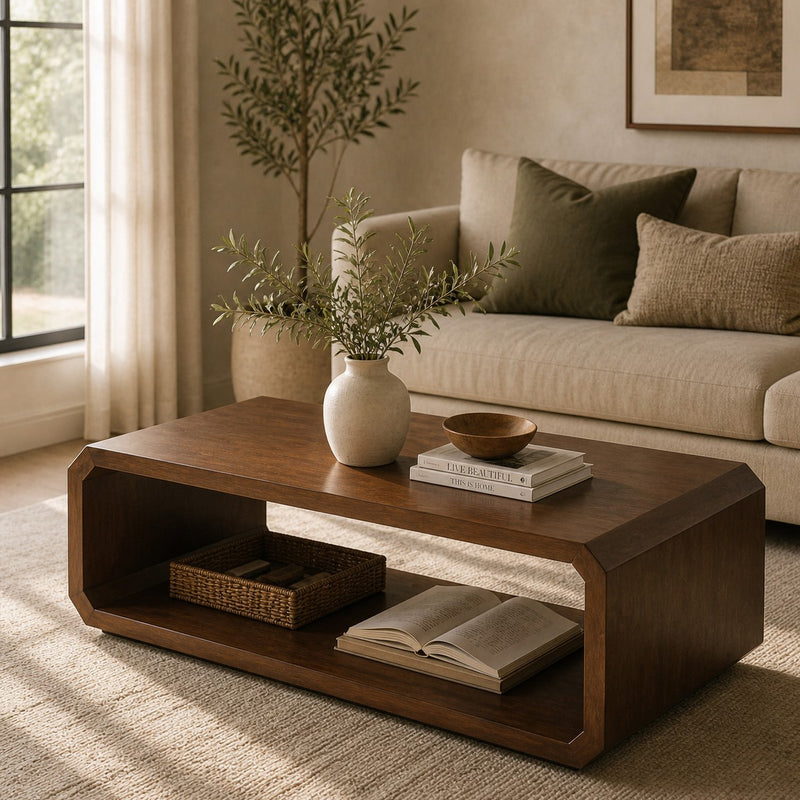 Aurra Wooden Coffee Table | Modern Center Table with Open Storage Shelf - Habitt