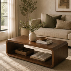 Aurra Wooden Coffee Table | Modern Center Table with Open Storage Shelf - Habitt