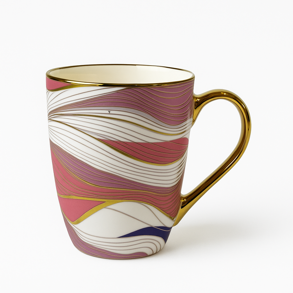 Elegant Gold Handle Ceramic Mug – Abstract Pink and White Swirl Coffee Cup
