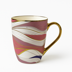 Elegant Gold Handle Ceramic Mug – Abstract Pink and White Swirl Coffee Cup
