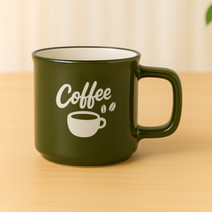 Olive Green Ceramic Coffee Mug – Vintage Style Cup with “Coffee” Print