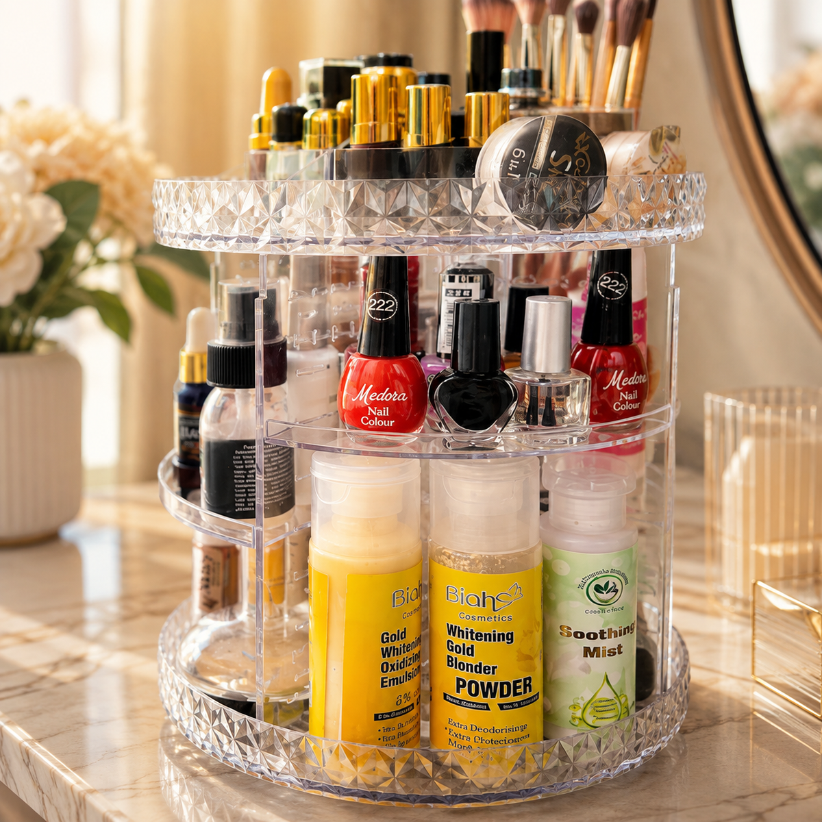 360° Rotating Acrylic Cosmetic Organizer LD – Multi-Tier Makeup, Skincare & Beauty Storage Organizer