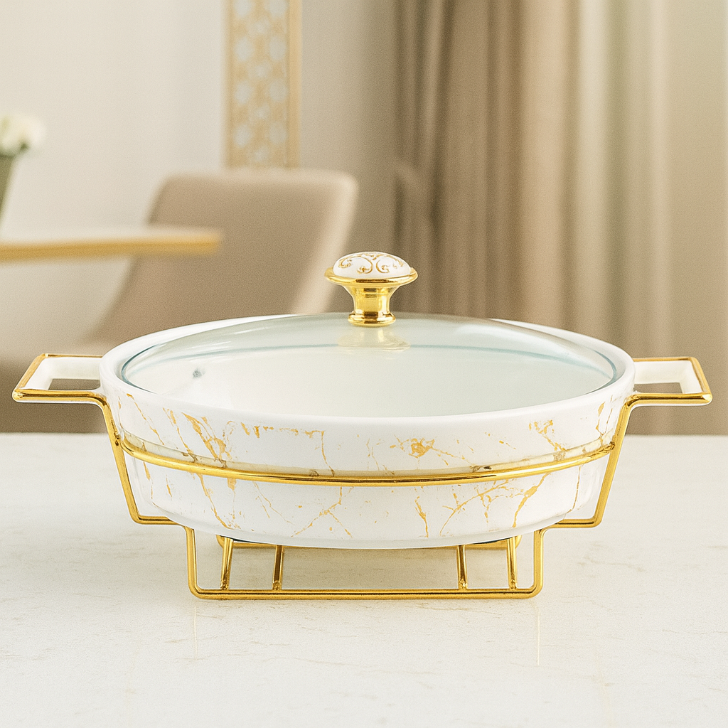 14.5" Oval Marble-Design Ceramic Casserole With Gold Candle Stand – Luxury Buffet &Serving Dish - Habitt