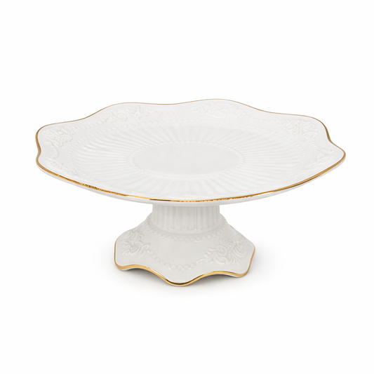 Large White Porcelain Fruit Dish with Gold Trim – Elegant Pedestal Serving Dish (30×30×12 cm)