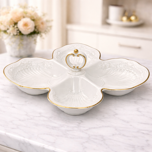 Large White Porcelain 4-Section Snack Dish with Gold Trim – Elegant Divided Serving Platter