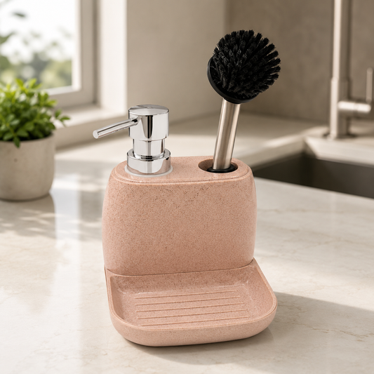 Kitchen Soap Dispenser with Brush & Tray | Countertop Cleaning Organizer