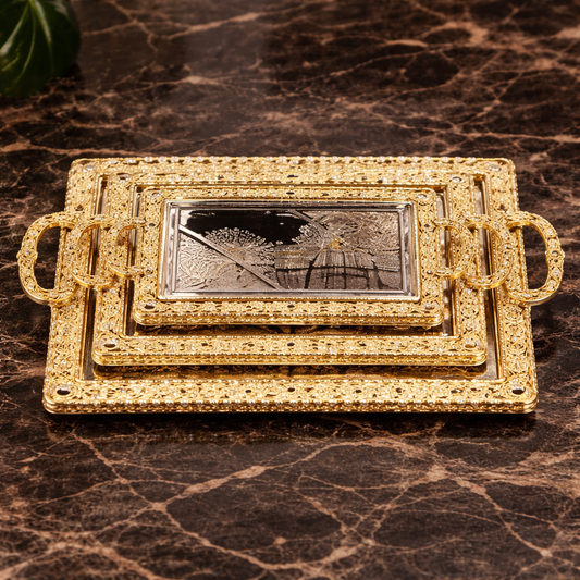 Luxury Tray Set 3PCS – Ornate Gold Decorative Serving Trays with Handles - Habitt