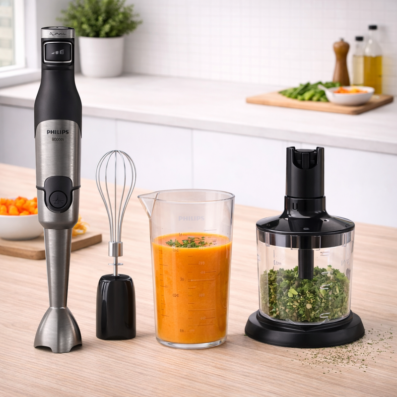 Philips 5000 Series Hand Blender 1200W with ProMix Technology, XL Chopper & Whisk – High-Performance Metal Body (HR2684/00) - Habitt
