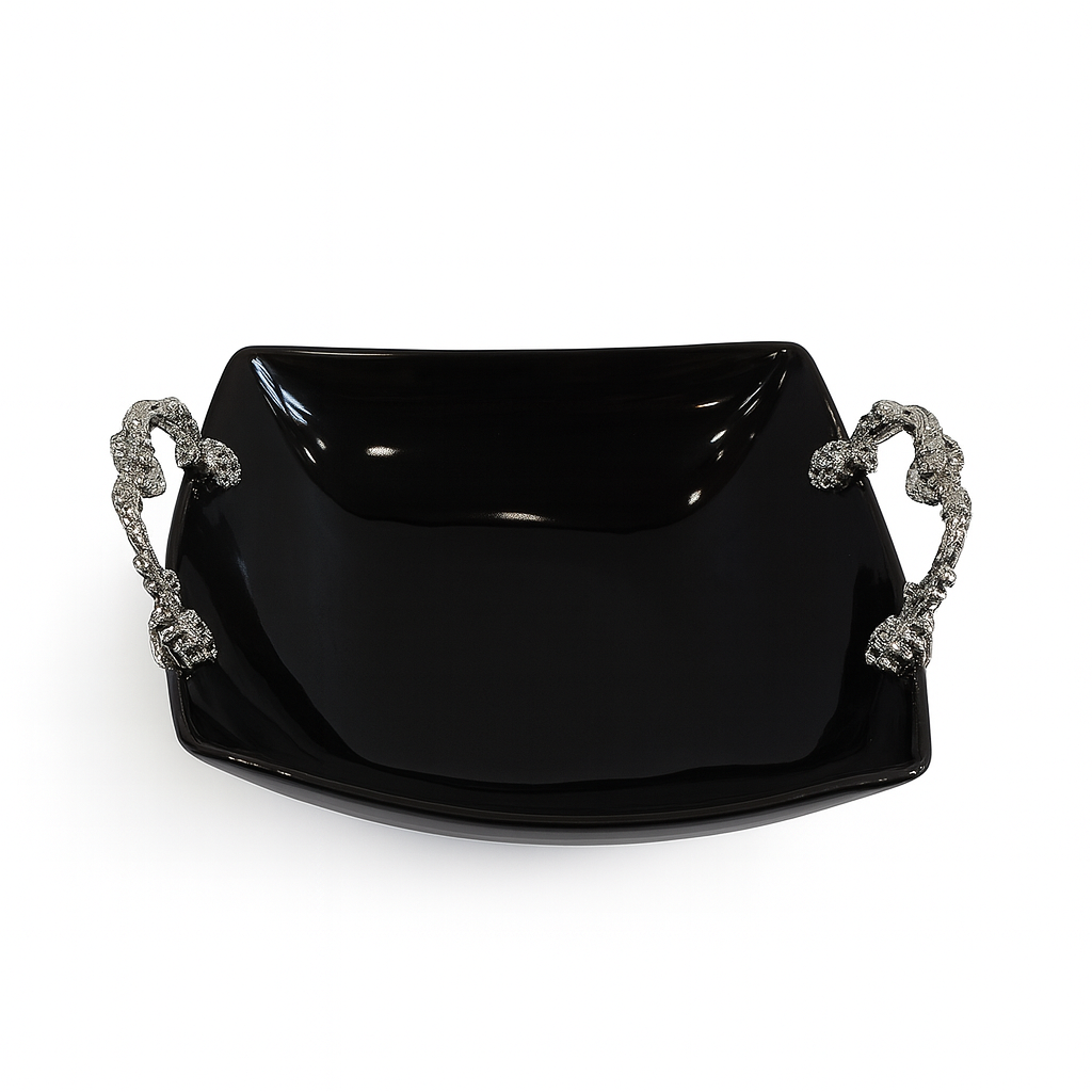 27cm Bowl Black – Ceramic Serving Bowl with Gold Handles