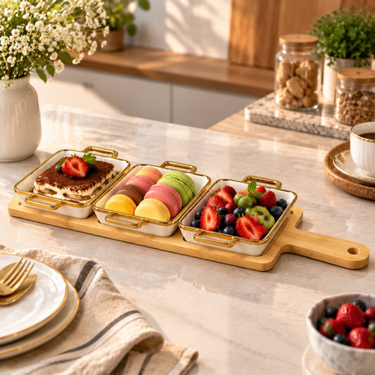 Ceramic 3 Pcs Snacks Serving Set With Bamboo Board | Serving Dish Set