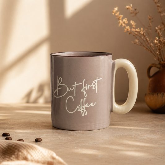“But First Coffee” Ceramic Mug – Minimalist Printed Coffee Cup with Contrast Handle - Habitt