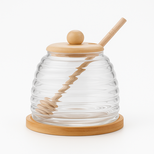 Premium Glass Honey Jar with Wooden Lid & Dipper for Easy, Drip-Free Serving
