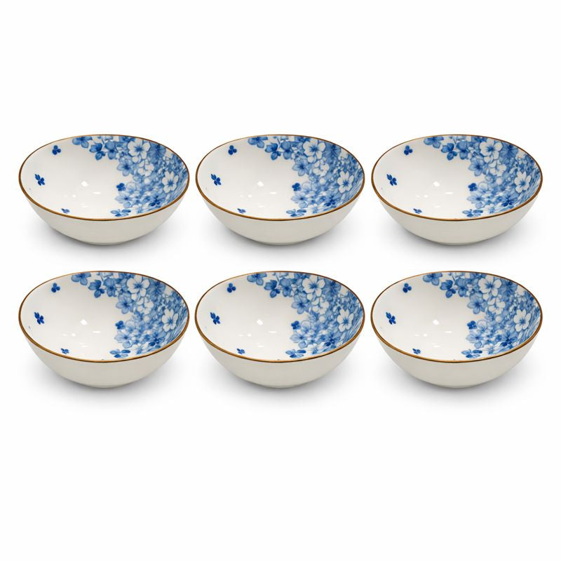 6PC Ceramic Bowl Set – Blue Floral Design with Gold Rim | Elegant Serving Bowls - Habitt