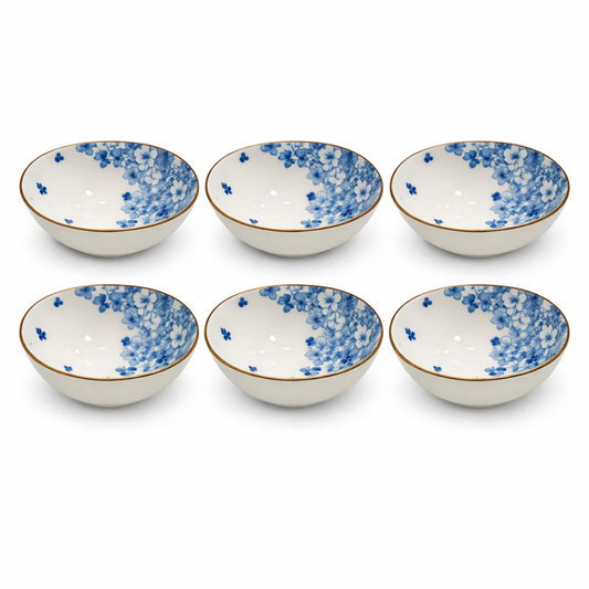 6PC Ceramic Bowl Set – Blue Floral Design with Gold Rim | Elegant Serving Bowls