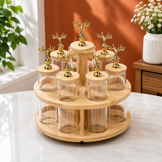 7 Piece Transparent Rotating Jar Set with Wooden Stand | Kitchen Storage Organizer