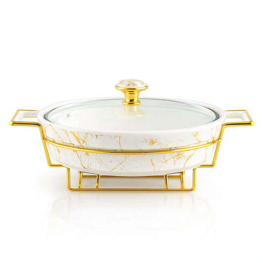 14.5" Oval Marble-Design Ceramic Casserole With Gold Candle Stand – Luxury Buffet &Serving Dish