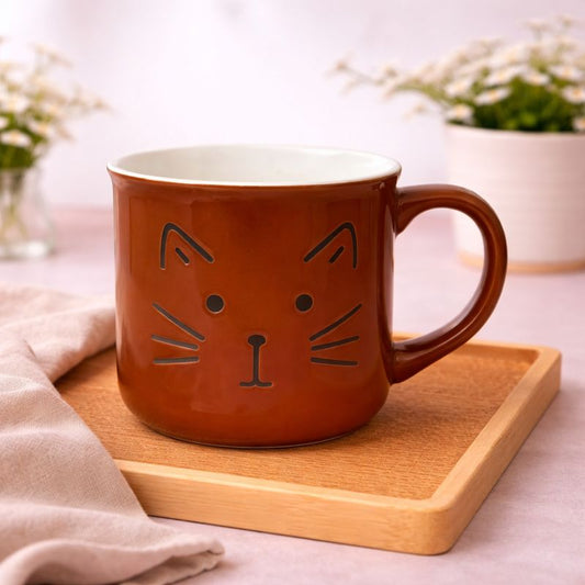 Cute Cat Face Ceramic Mug – Brown Coffee Cup for Cat Lovers