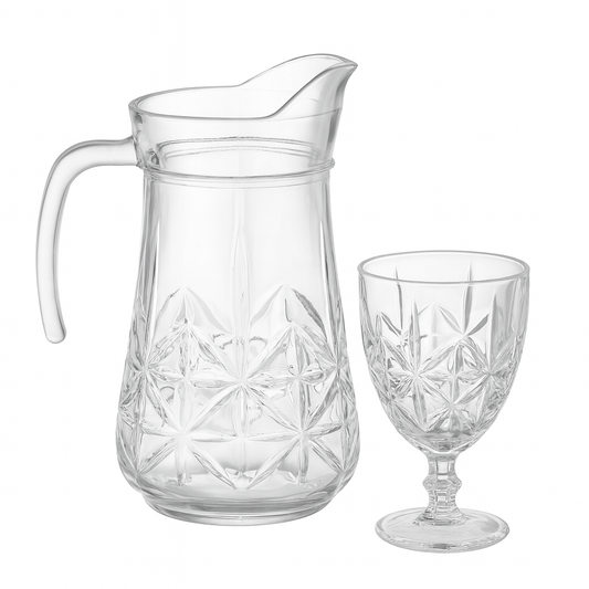 Star-Cut Premium Glass Water Set – 7-Piece Set (1.2 L Jug + 340 mL Stemmed Glasses)