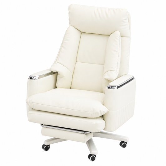 Regal Comfort Executive Recliner Chair in Light Cream Leatherette with Adjustable Backrest & Footrest – Luxury Office & Home Lounge Seating - Habitt