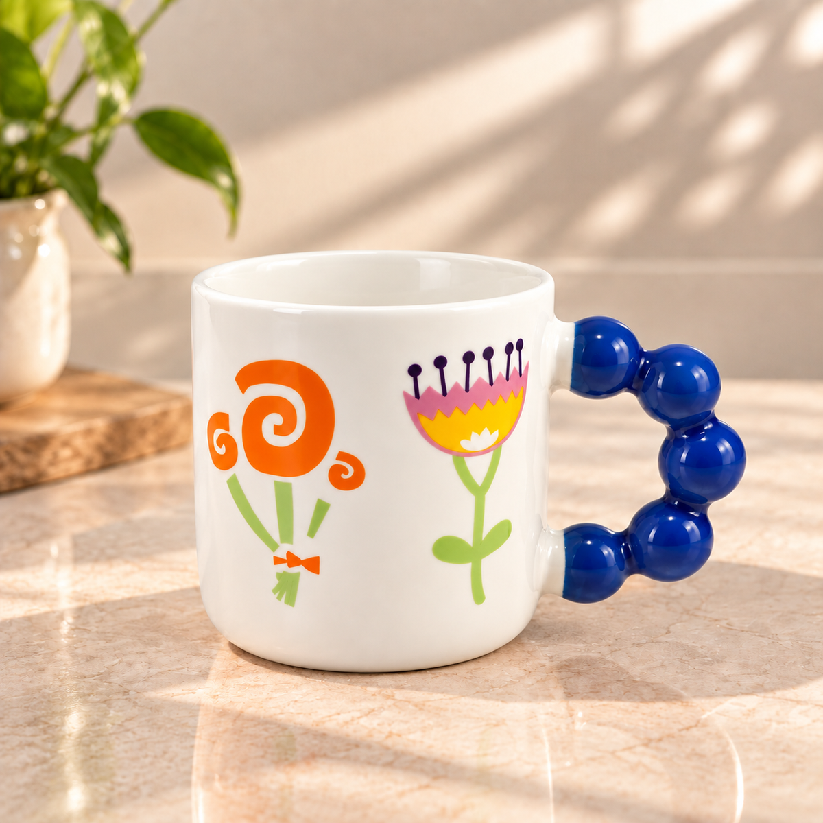 Colourful Floral Bubble Handle Ceramic Mug