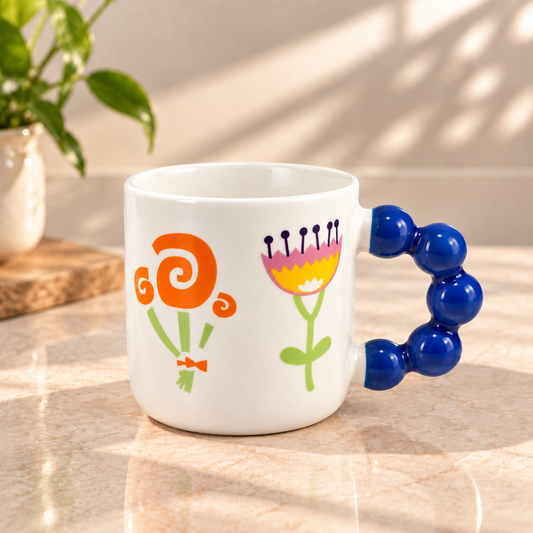 Colourful Floral Bubble Handle Ceramic Mug