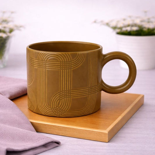 Modern Geometric Ceramic Mug – Matte Mustard Coffee Cup with Round Handle