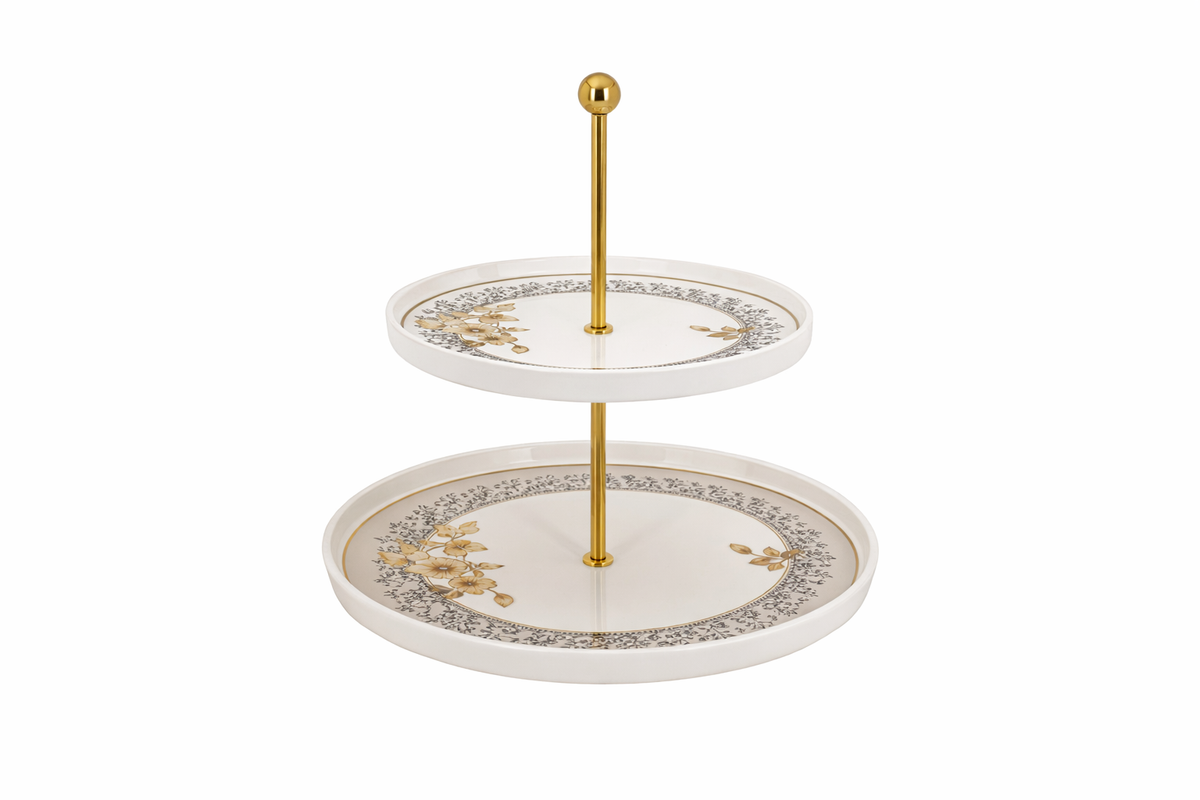 Elegant White & Gold 2-Tier Cake Stand – Floral Rim Dessert Serving Display