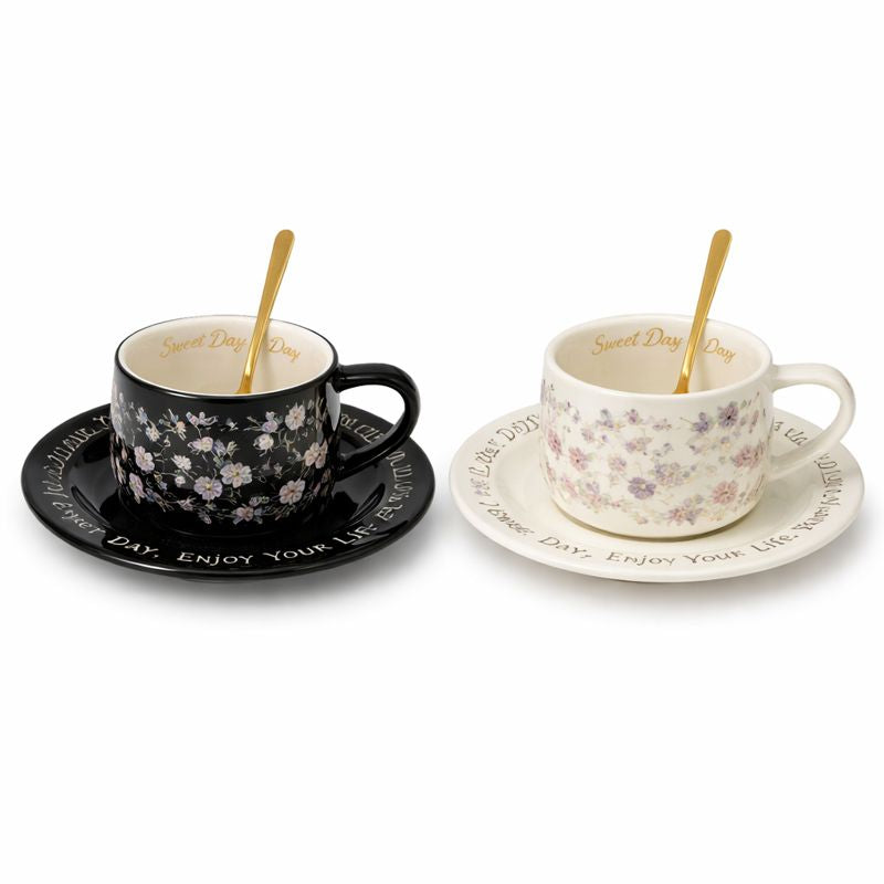 Ceramic Flower Cup with Saucer Set – Elegant White & Black Floral Tea Cup - Habitt