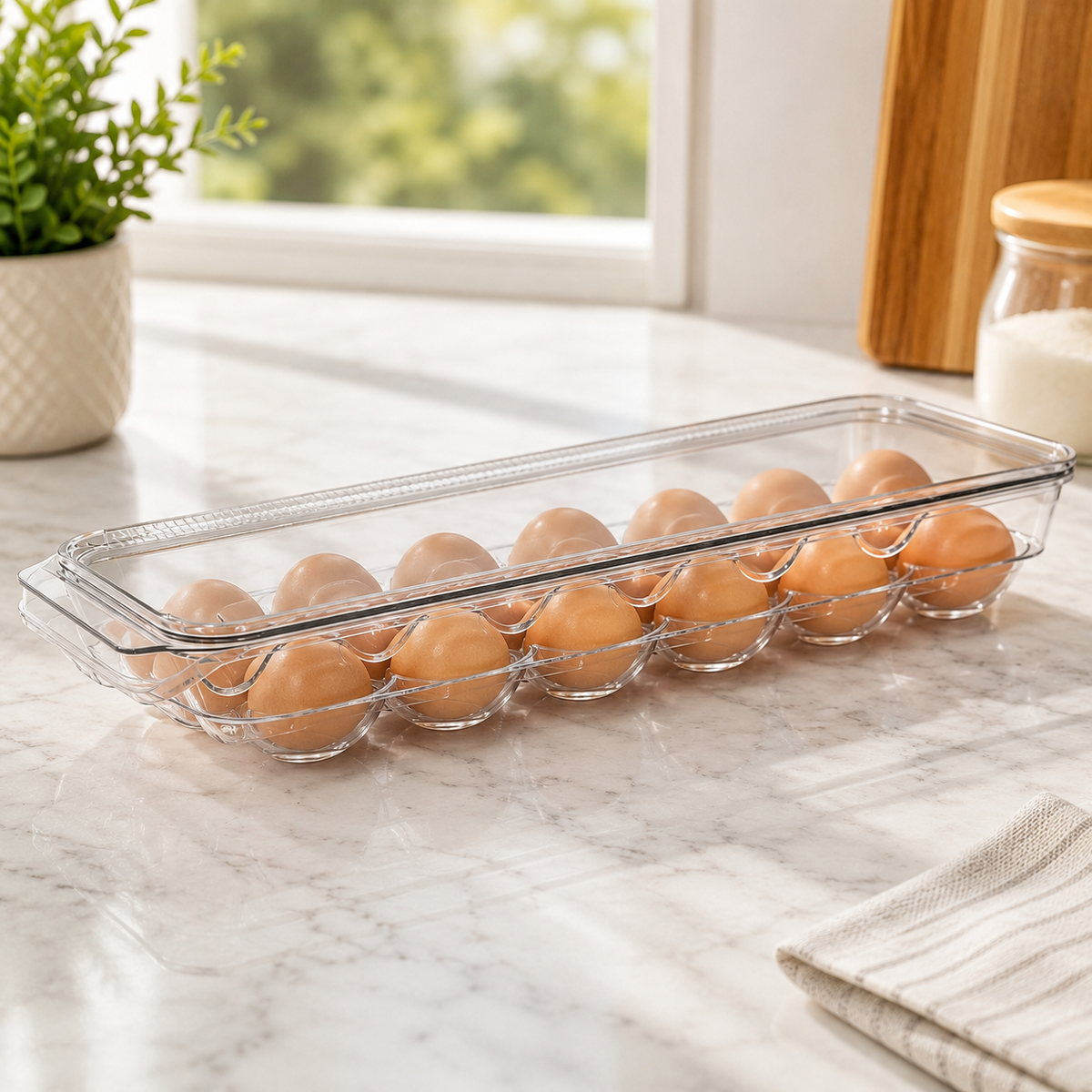 Acrylic Egg Tray 12x1 – Clear 12-Egg Storage Holder with Lid for Refrigerator & Kitchen Organization
