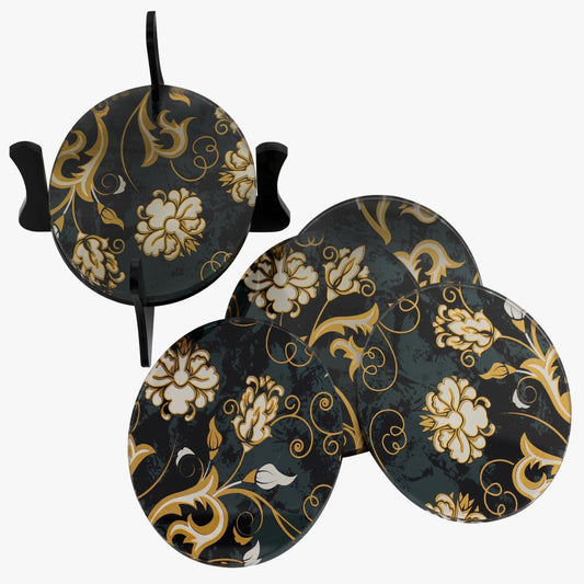 Luxury Floral Coaster Set with Holder – Elegant Black & Gold Decorative Drink Coasters (Set of 4)