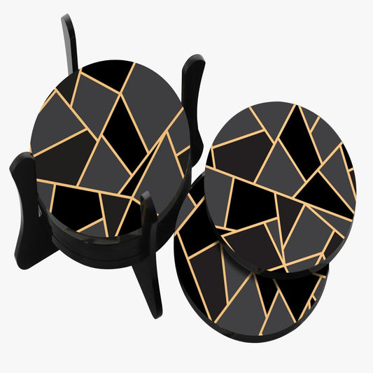 Geolux Black & Gold Geometric Coaster Set with Holder – Modern Luxury Drink Coasters