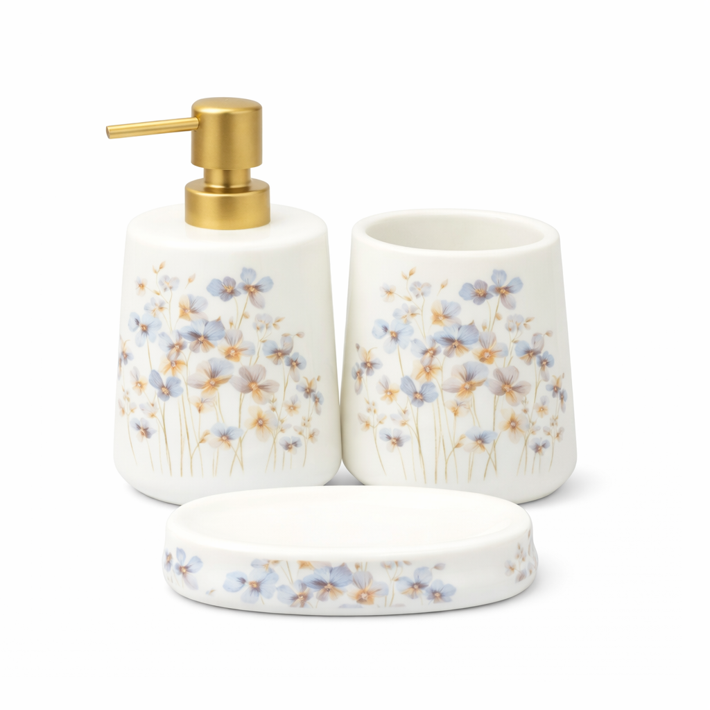 4-Piece Floral Bathroom Accessories Set – White with Blue Flower Design Soap Dispenser, Toothbrush Holder & Soap Dish - Habitt