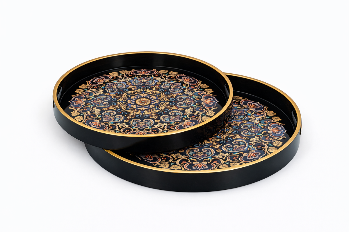 Luxury Black & Gold Ornate Round Serving Tray Set – 2-Piece Decorative Metal Trays