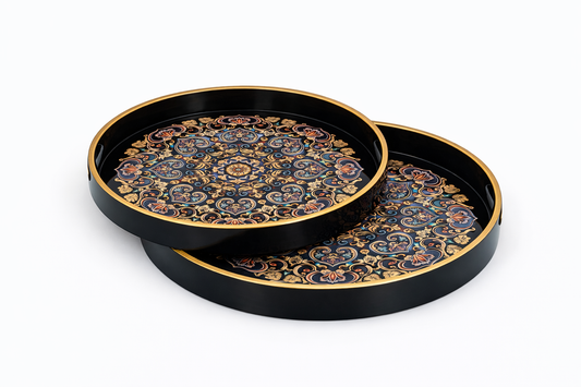 Luxury Black & Gold Ornate Round Serving Tray Set – 2-Piece Decorative Metal Trays
