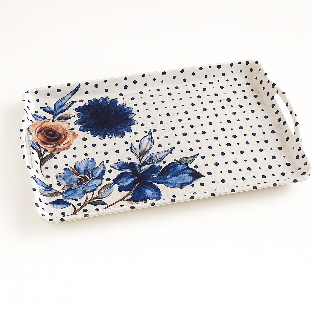 Crystal Serving Tray – Medium Blue Floral & Polka Dot Design
