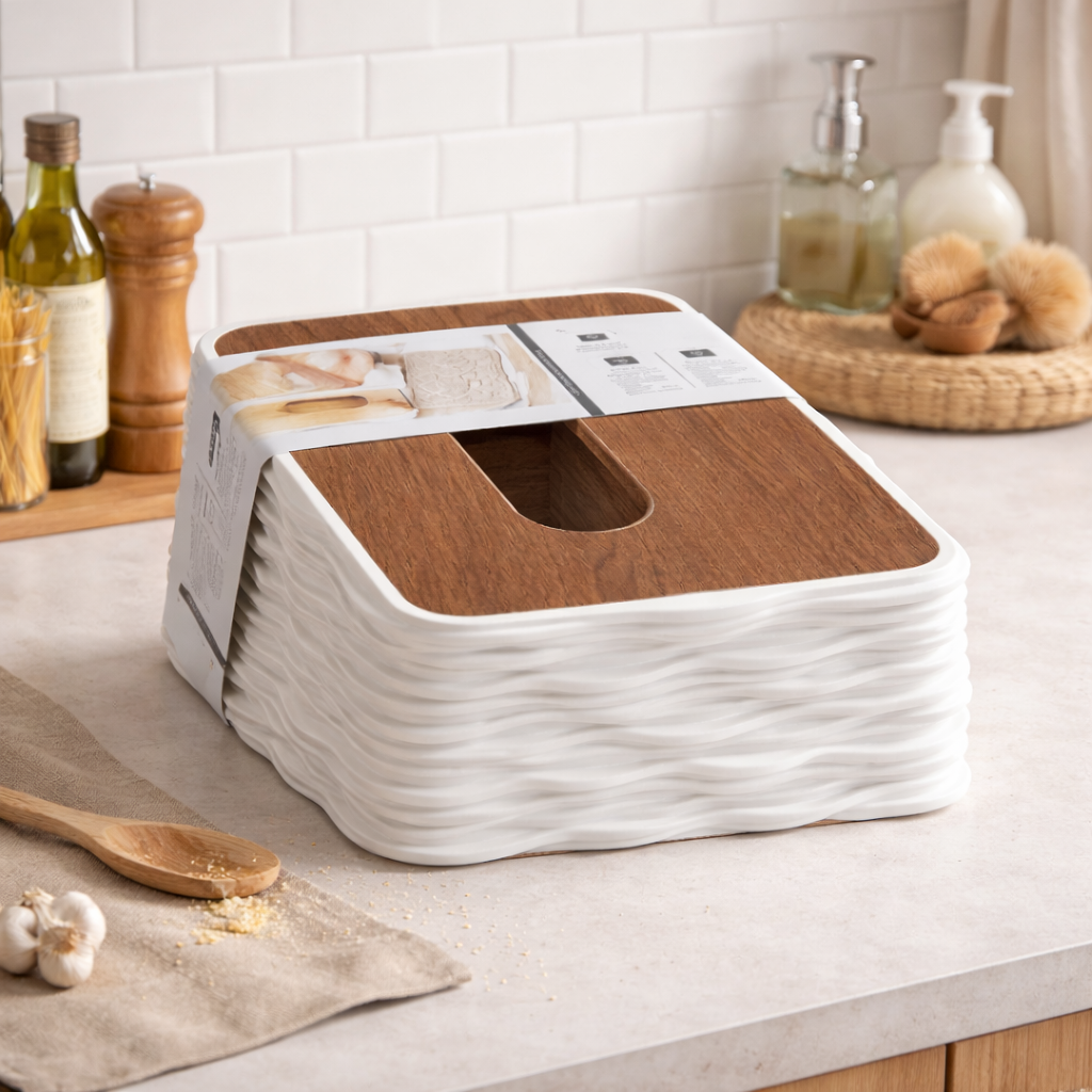 Modern Wavy Design Tissue Box Holder – Premium Heavy Wooden Lid Napkin Dispenser for Home & Kitchen - Habitt