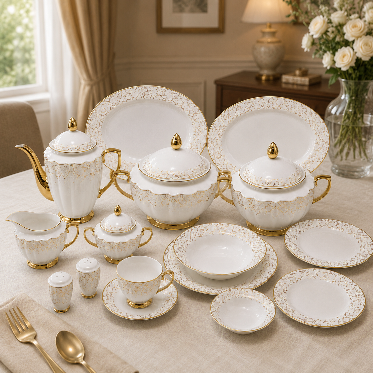 Piece Premium Porcelain Dinner Set with Tea Set & Gold Lace Design | Luxury White Dinnerware Collection